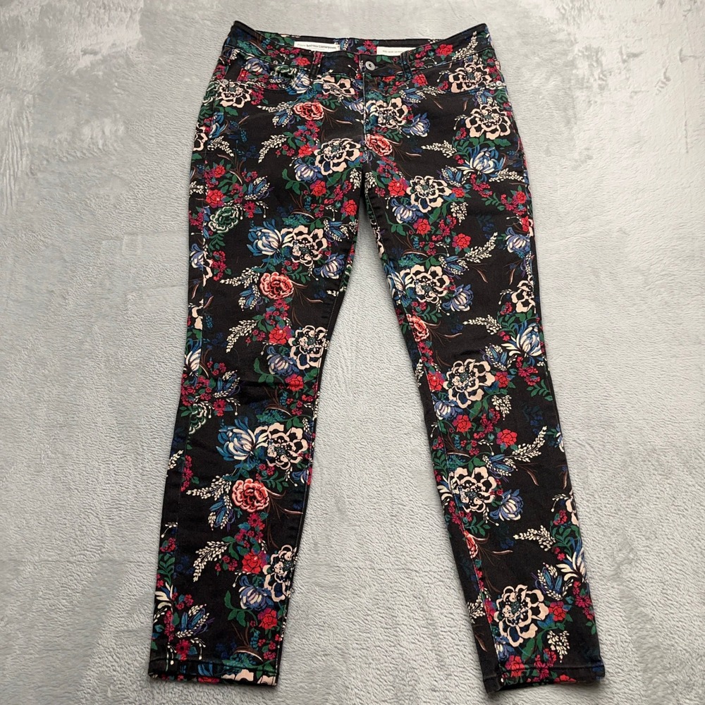 Pilcro by Anthropologie Mid Rise Skinny Jeans Black Floral Print Size 30
